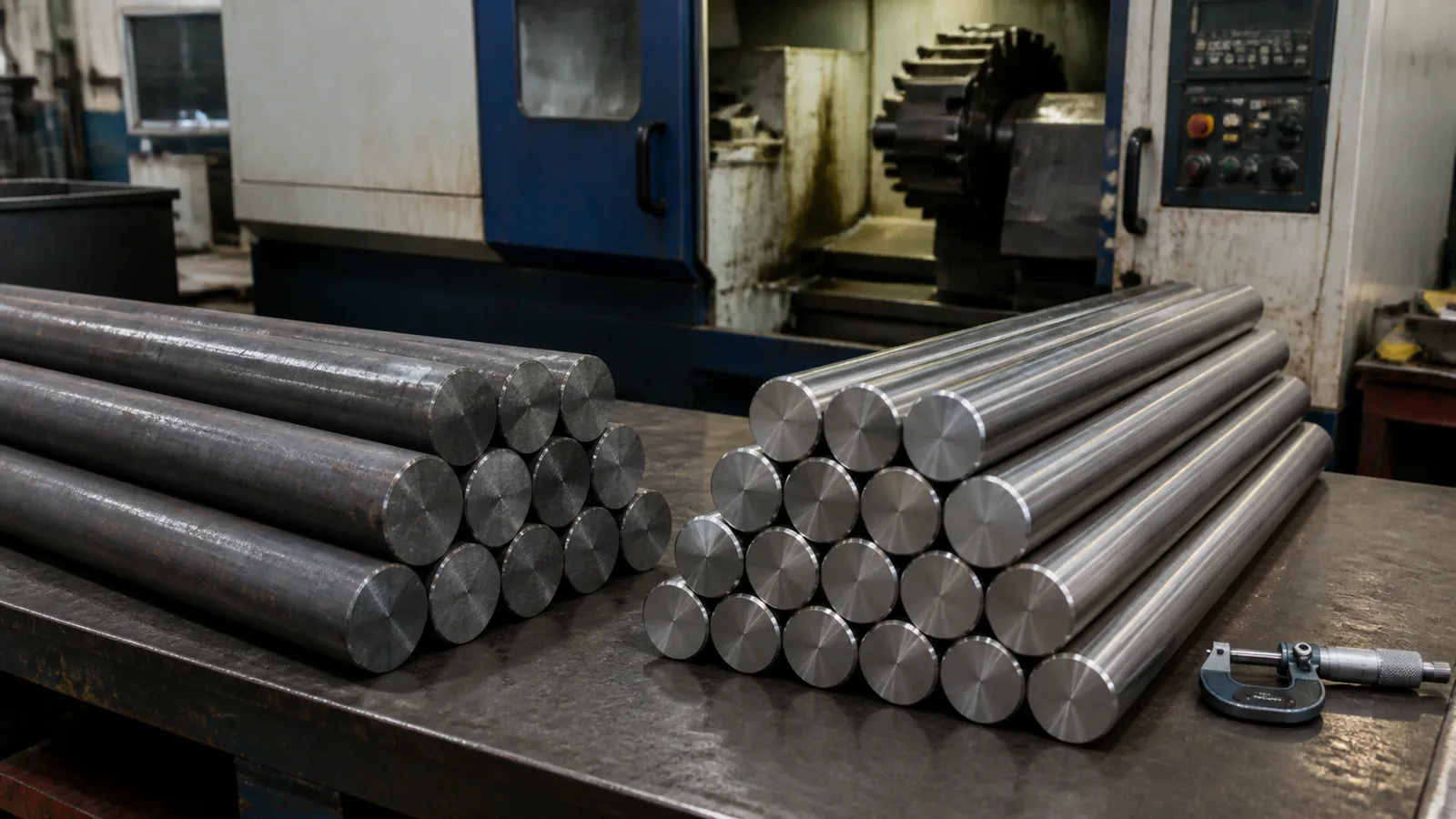 Two bundles of solid steel round bar beside a production CNC turning cell and inspection micrometer