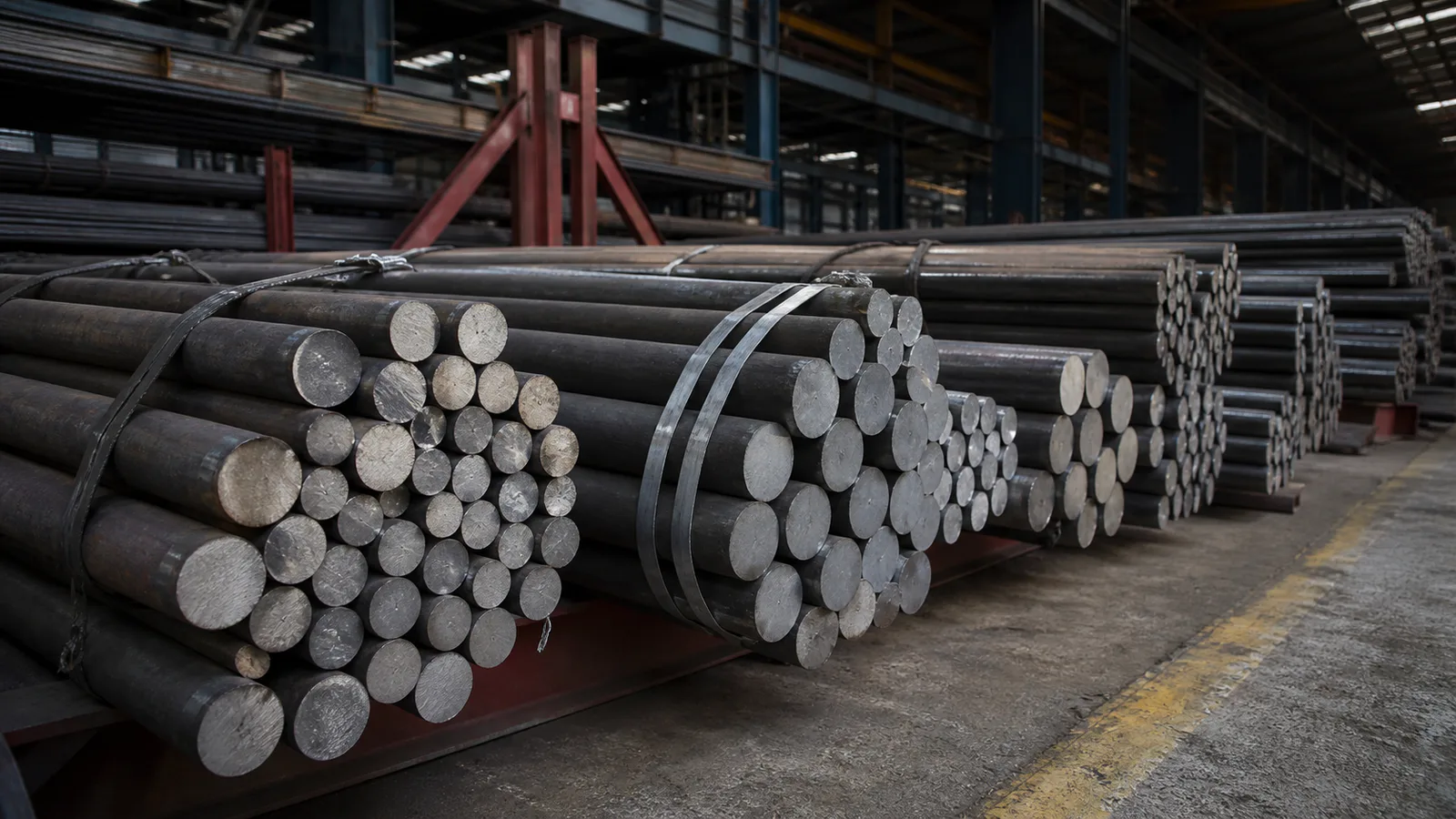 Bundles of carbon and alloy steel round bars staged inside an industrial warehouse