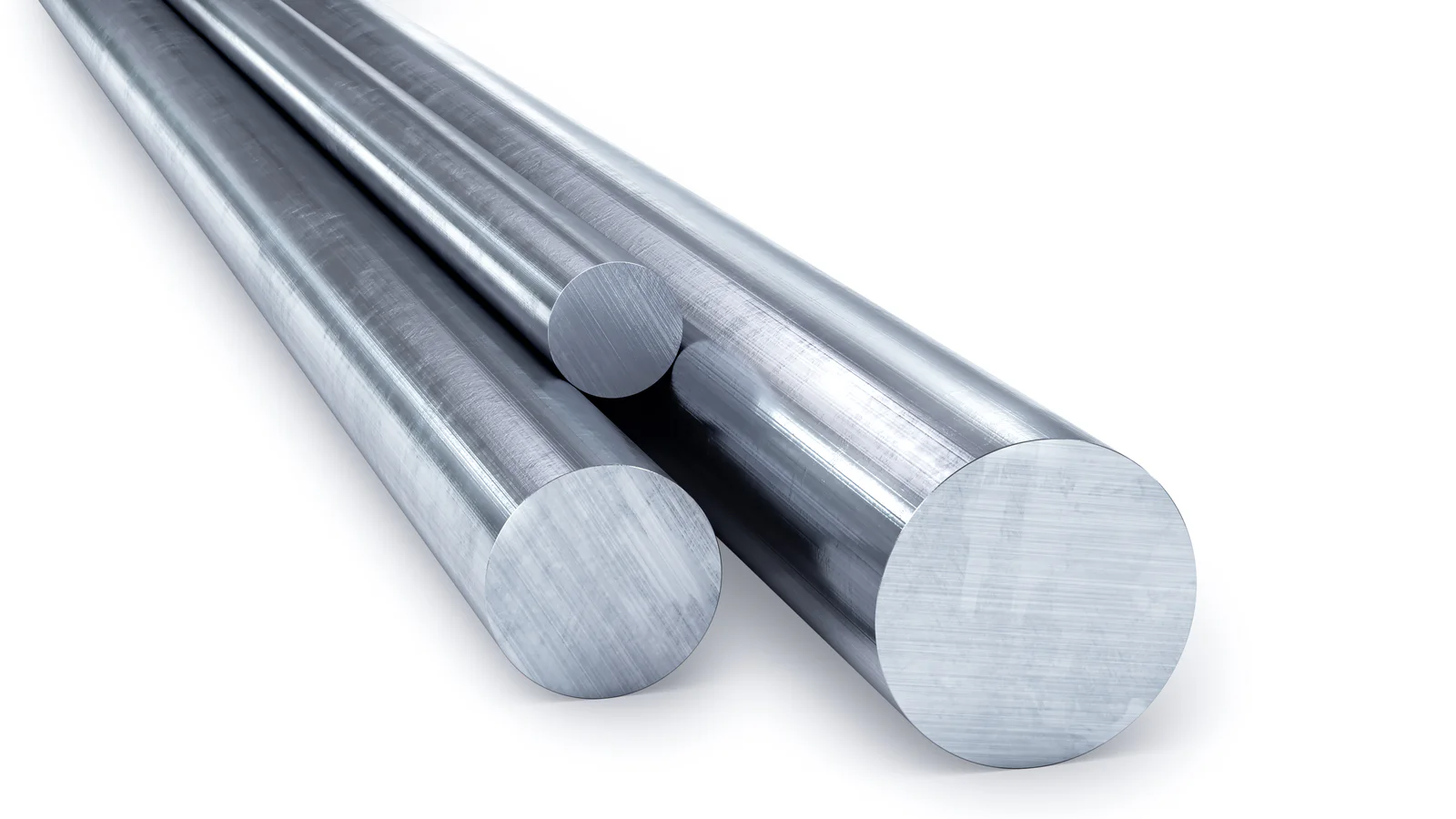 Clean rendered solid round metal bars arranged on a white background