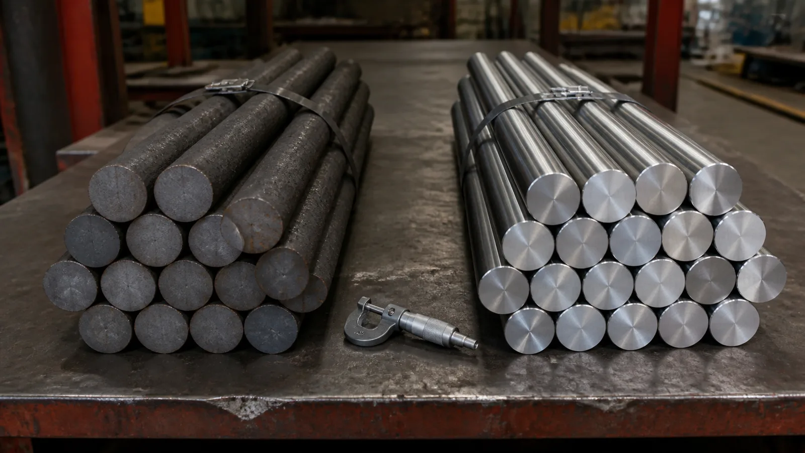 Dark hot-rolled round bars and bright cold-finished round bars staged side by side with a micrometer