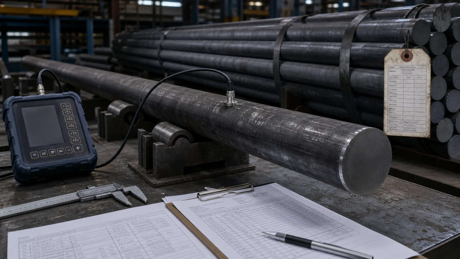 Steel round bar inspection station with technical records, caliper, bundle tag, and ultrasonic equipment