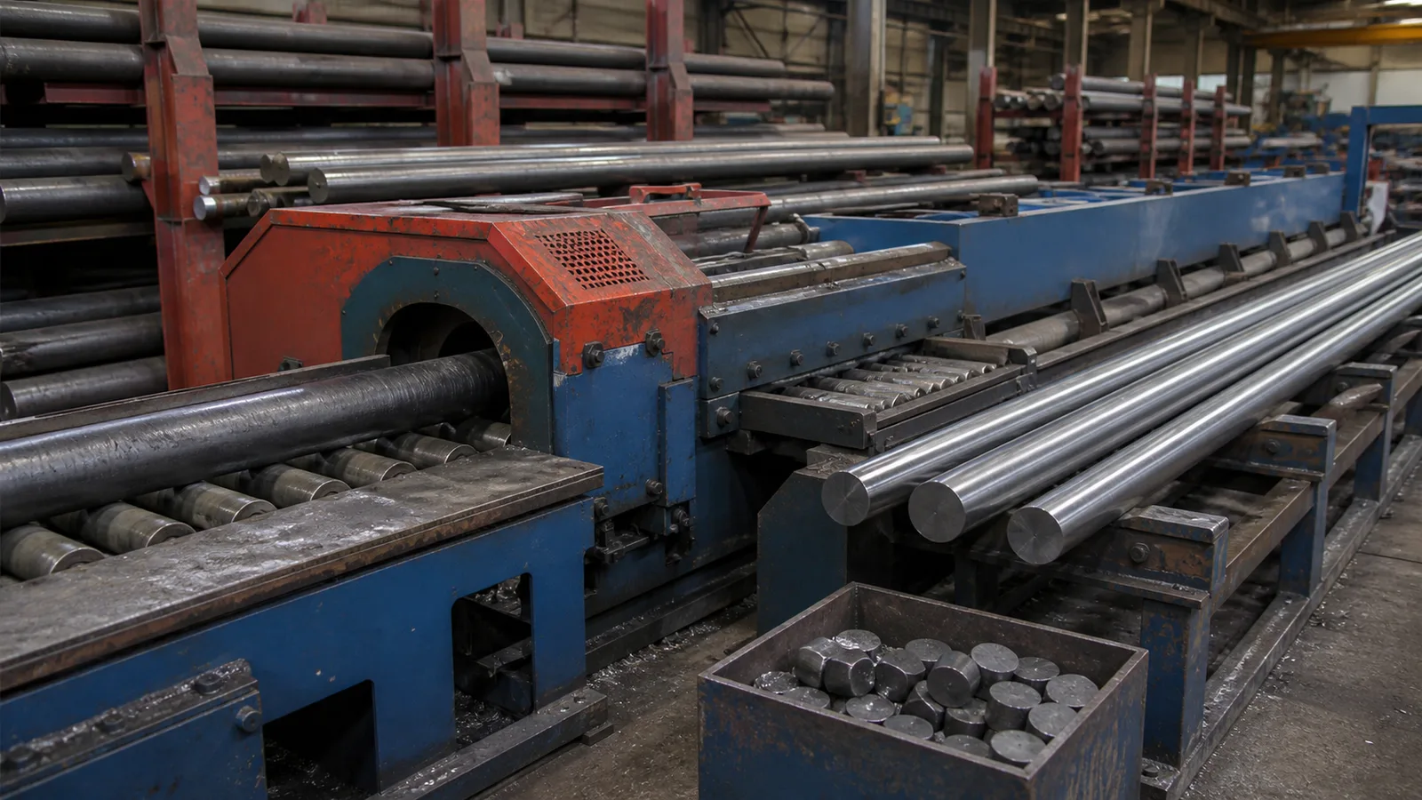 Solid steel round bar moving through an industrial processing line with cut forging blanks in a tray