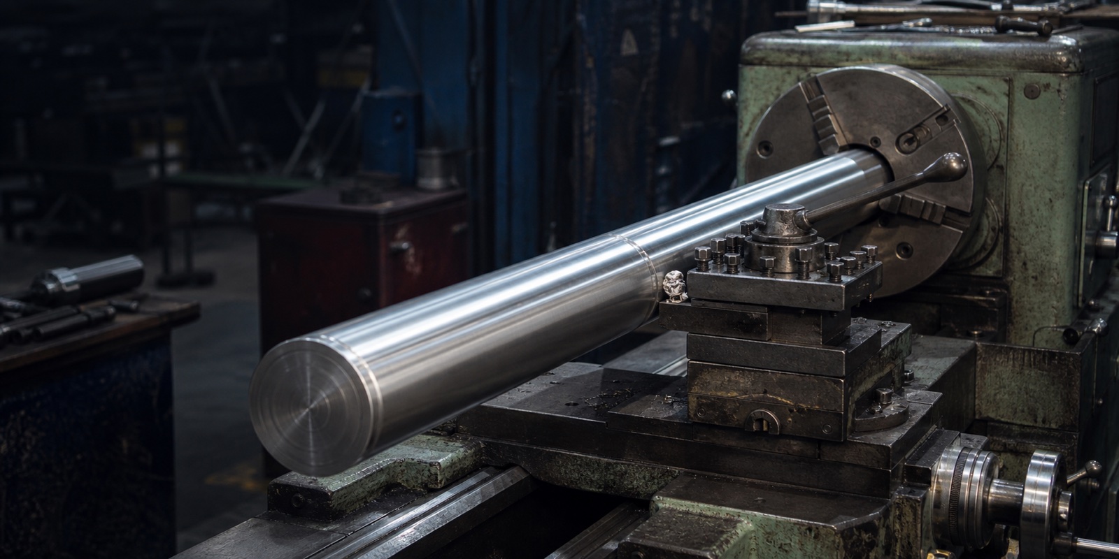 Precision-machined steel round bar in a working machine shop